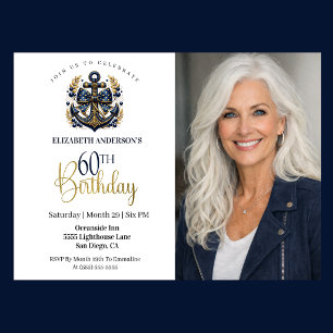 Blue and Gold Nautical Anchor 60th Birthday Photo Invitation