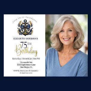 Blue and Gold Nautical Anchor 75th Birthday Photo Invitation