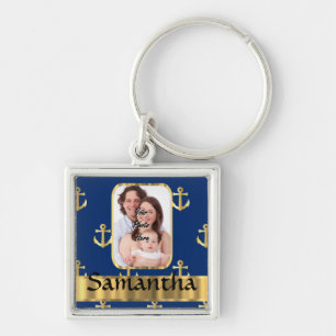 Blue and gold nautical anchor patterned keychain