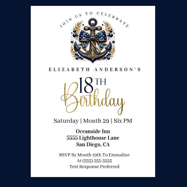 Blue and Gold Nautical Bow Anchor 18th Birthday Invitation (Navy blue and gold nautical anchor 18th birthday invitation)