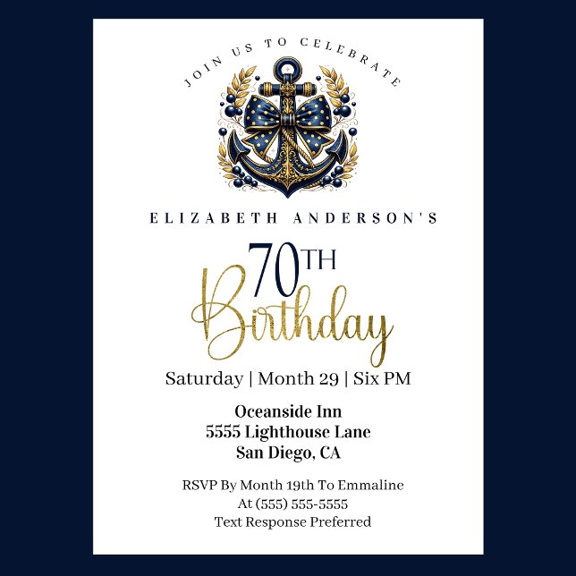 Blue and Gold Nautical Bow Anchor 70th Birthday Invitation (Blue and gold nautical 70th birthday invitation)
