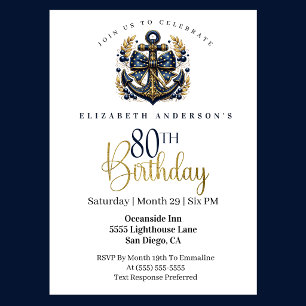 Blue and Gold Nautical Bow Anchor 80th Birthday Invitation