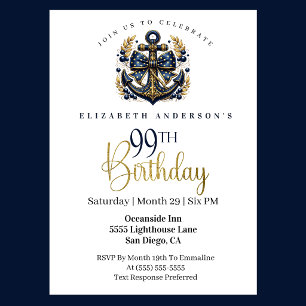 Blue and Gold Nautical Bow Anchor 99th Birthday Invitation
