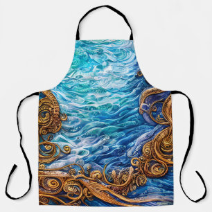Blue and Gold Ocean Ripple Waves Abstract Art Apron