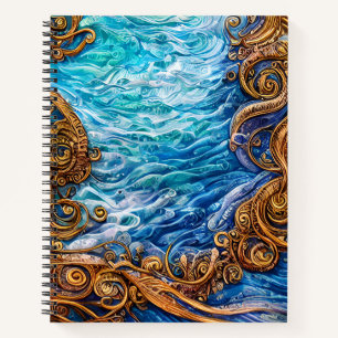 Blue and Gold Ocean  Ripple Waves Abstract Art Notebook