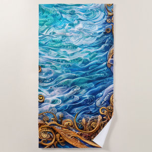 Blue and Gold Ocean Ripple Waves Abstract Beach Towel