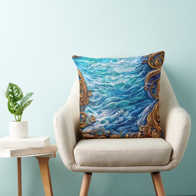 Blue and Gold Ocean  Ripple Waves Abstract Throw Pillow (Chair)