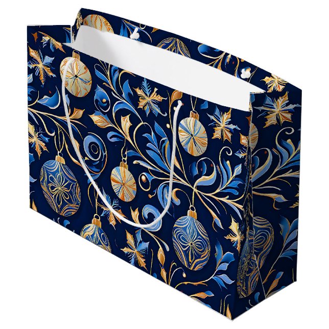 Blue and Gold Ornamental Christmas Designs Large Gift Bag (Back Angled)
