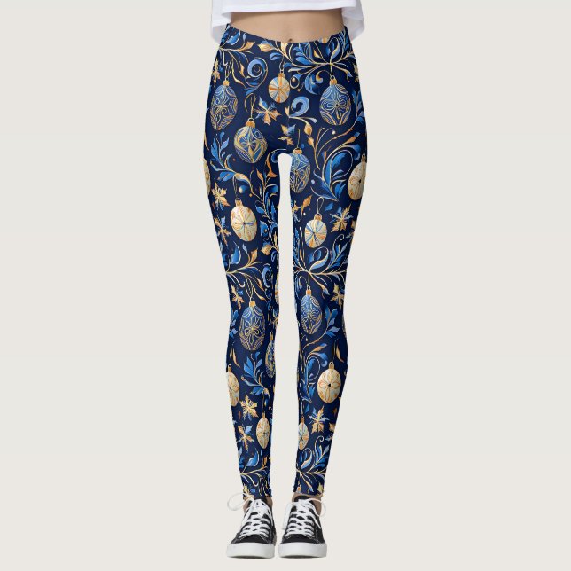 Blue and Gold Ornamental Christmas Designs Leggings (Front)