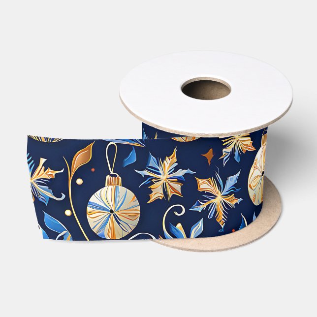 Blue and Gold Ornamental Designs Christmas Satin Ribbon (Spool)