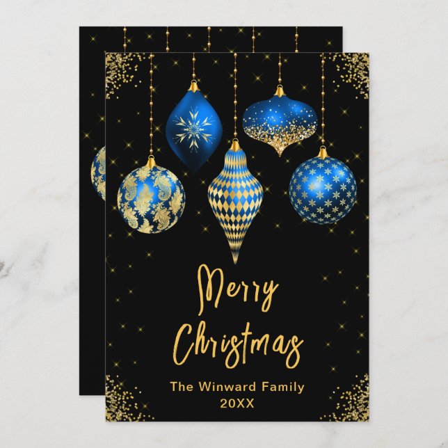Blue and Gold Ornaments Merry Christmas Holiday Card (Front/Back)