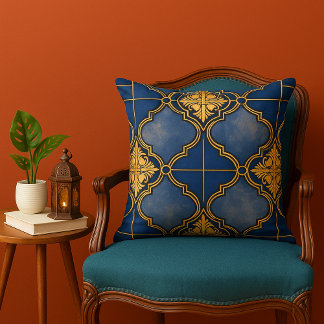 Blue and Gold Ornate Moroccan Tile Pattern Throw Pillow