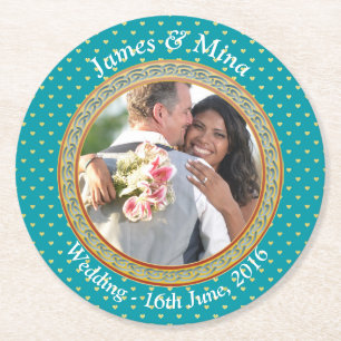 Blue and Gold Ornate Round Paper Coaster