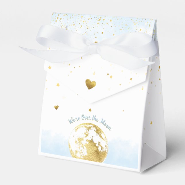 Blue and Gold Over the Moon Baby Shower Favor Box (Front Side)