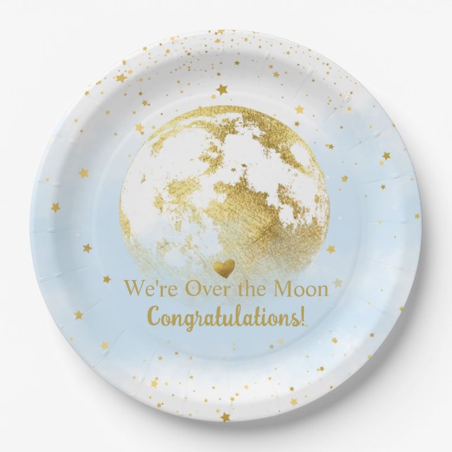 Blue and Gold Over the Moon Congratulations Paper Plate (Front)