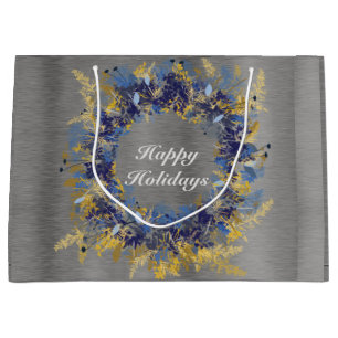 Blue and Gold Painted Wreath Large Gift Bag