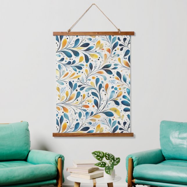 Blue and Gold Paisley Leaf Pattern (2) Hanging Tapestry (Living Room)