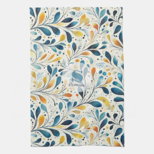 Blue and Gold Paisley Leaf Pattern (2) Kitchen Towel