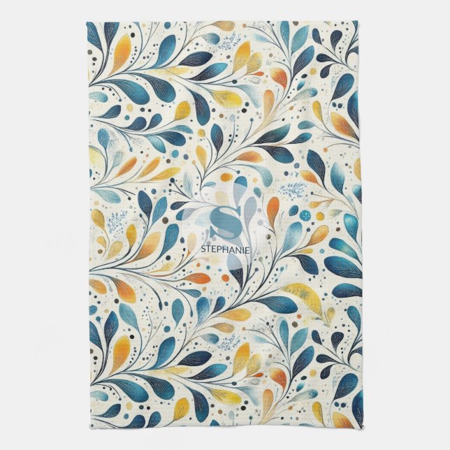 Blue and Gold Paisley Leaf Pattern (2) Kitchen Towel (Vertical)
