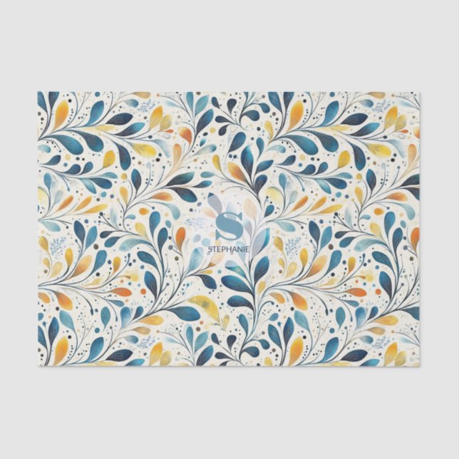 Blue and Gold Paisley Leaf Pattern (2) Tissue Paper (Front)