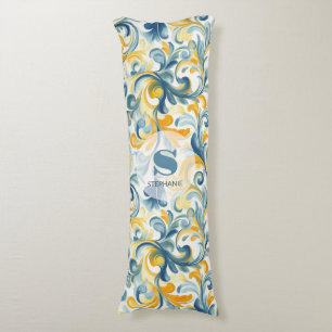 Blue and Gold Paisley Leaf Pattern Body Pillow