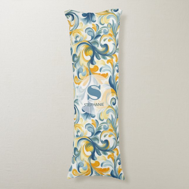 Blue and Gold Paisley Leaf Pattern Body Pillow (Front Vertical)