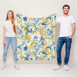 Blue and Gold Paisley Leaf Pattern Fleece Blanket