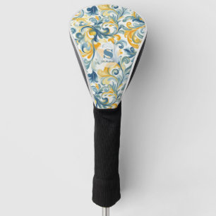 Blue and Gold Paisley Leaf Pattern Golf Head Cover