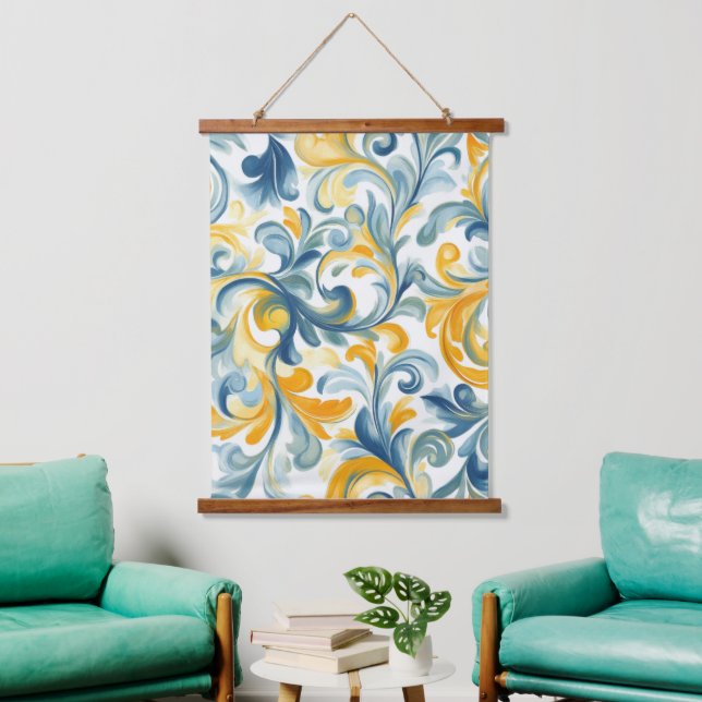 Blue and Gold Paisley Leaf Pattern Hanging Tapestry (Living Room)