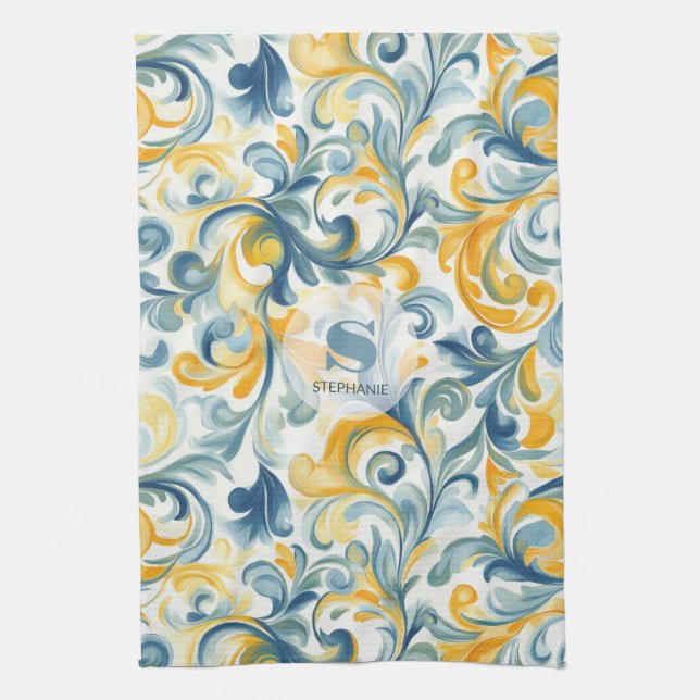 Blue and Gold Paisley Leaf Pattern Kitchen Towel (Vertical)