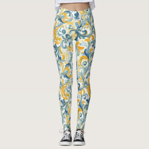 Blue and Gold Paisley Leaf Pattern Leggings