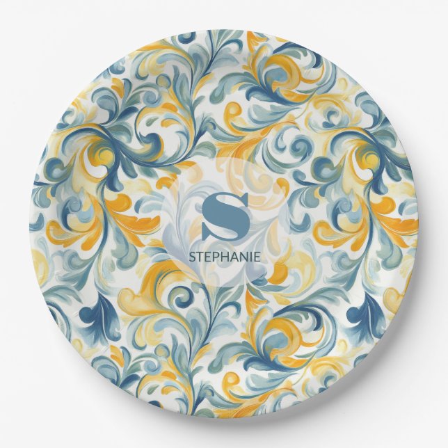 Blue and Gold Paisley Leaf Pattern Paper Plate (Front)
