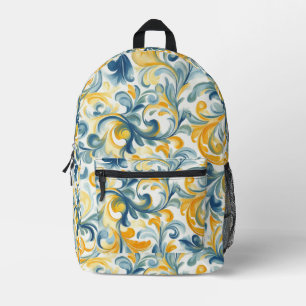 Blue and Gold Paisley Leaf Pattern Printed Backpack