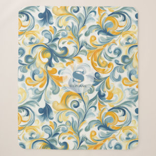 Blue and Gold Paisley Leaf Pattern Sherpa Blanket