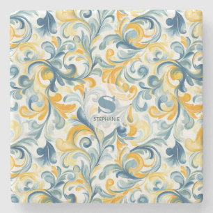 Blue and Gold Paisley Leaf Pattern Stone Coaster