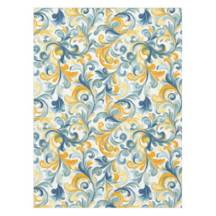 Blue and Gold Paisley Leaf Pattern Tablecloth
