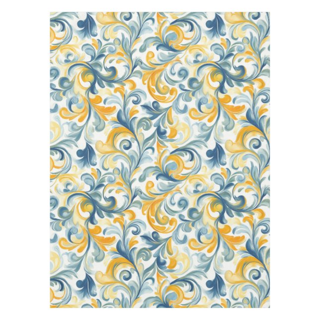 Blue and Gold Paisley Leaf Pattern Tablecloth (Front)