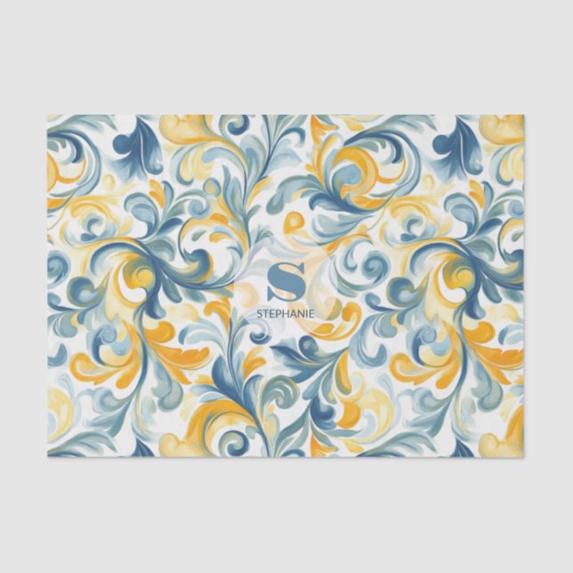 Blue and Gold Paisley Leaf Pattern Tissue Paper (Front)