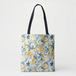 Blue and Gold Paisley Leaf Pattern Tote Bag