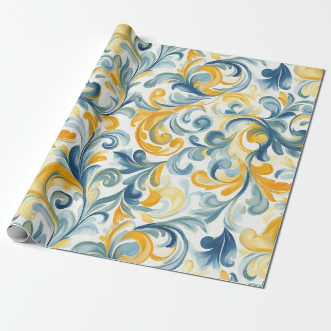 Blue and Gold Paisley Leaf Pattern Wrapping Paper (Unrolled)