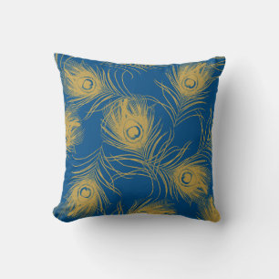 Blue and Gold Peacock Feather Throw Pillow