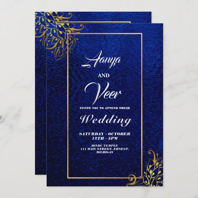 BLUE and Gold Peacock Indian Wedding Invitation (Front/Back)