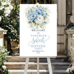 Blue and Gold Peonies Sweet Sixteen Welcome Poster