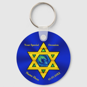 Blue and Gold Personalized Bar Mitzvah Favours Keychain