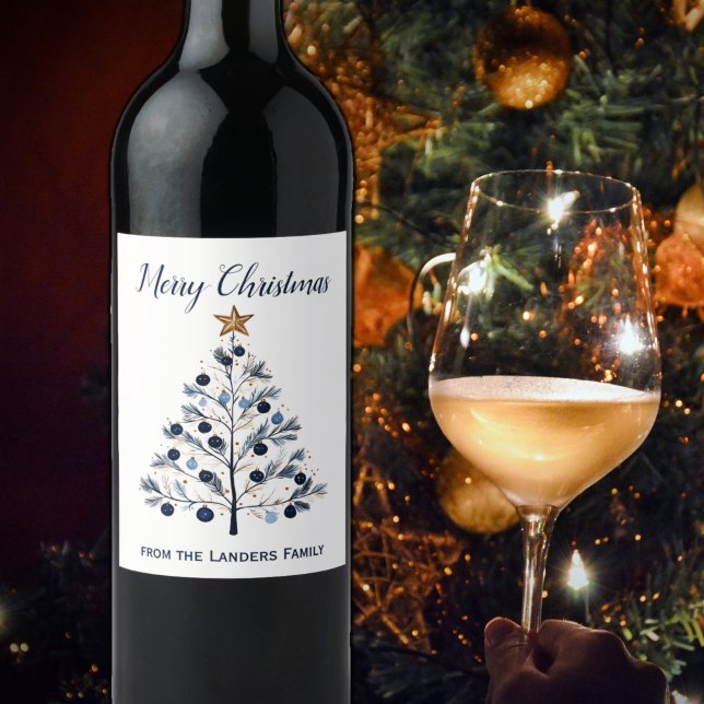 Blue and Gold Personalized Merry Christmas Trees Wine Label (Blue and Gold Personalized Merry Christmas Tree Wine Bottle label)