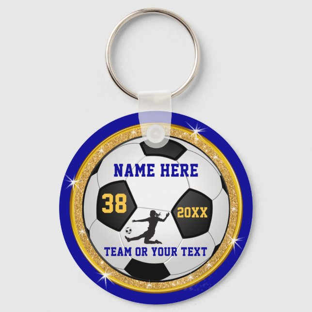 Blue and Gold Personalized Soccer Gifts for Girls Keychain (Front)