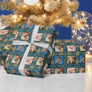 Blue and Gold Photo Holiday Wrapping Paper
