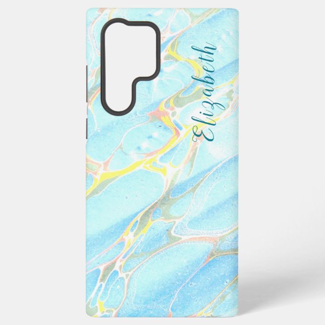 Blue and Gold Print Summer Modern Custom Name Samsung Galaxy S22 Ultra Case (Back)