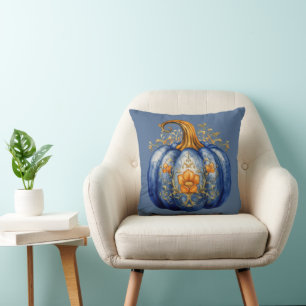 Blue and Gold Pumpkin Floral Blue Halloween Throw Pillow