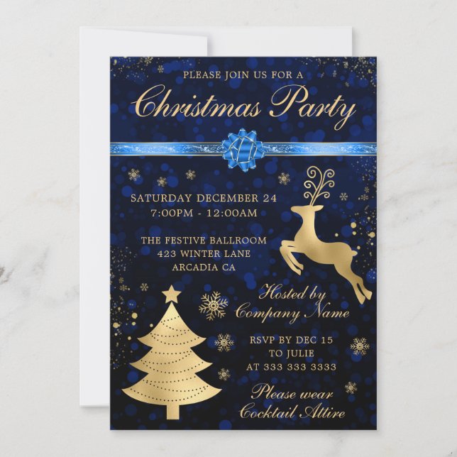 Blue and Gold Reindeer and Tree Christmas Party Invitation (Front)
